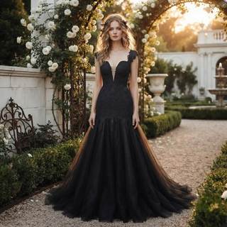 Black V-Neck Mermaid Floral Wedding Dress
