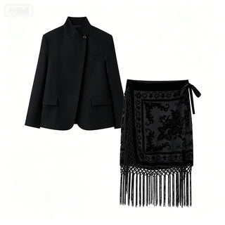 Asymmetric Blazer and Burnout Floral Fringe Skirt Set - Diva Melody