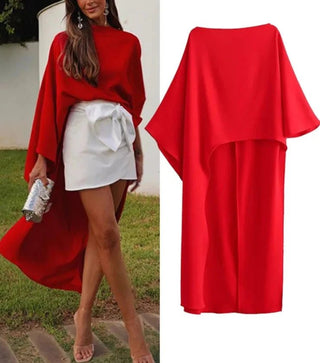 Asymmetric Cape Style Red Satin Casual Long Blouse - Diva Melody