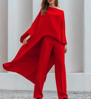 Asymmetric Cape Style Red Satin Casual Long Blouse - Diva Melody