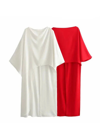 Asymmetric Cape Style Red Satin Casual Long Blouse - Diva Melody