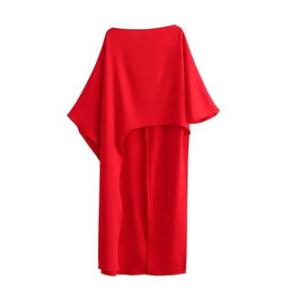 Asymmetric Cape Style Red Satin Casual Long Blouse - Diva Melody