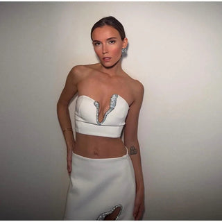 Asymmetric Rhinestone Short Skirt Set - Diva Melody