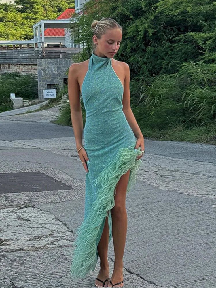 Backless Feather Hem Long Dress - Diva Melody Backless Feather Hem Long Dress - Diva Melody