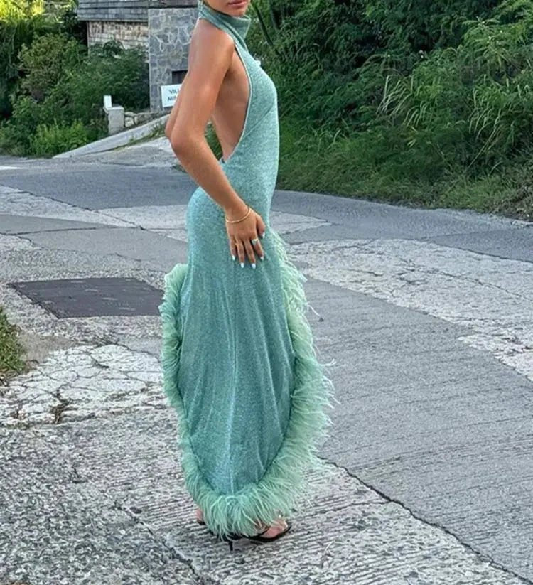 Backless Feather Hem Long Dress - Diva Melody Backless Feather Hem Long Dress - Diva Melody