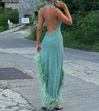 Backless Feather Hem Long Dress - Diva Melody