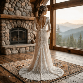 Backless Hippie Bohemian Bridal Gown with Tassel Details - Diva Melody