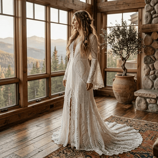 Backless Hippie Bohemian Bridal Gown with Tassel Details - Diva Melody