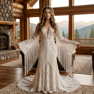 Backless Hippie Bohemian Bridal Gown with Tassel Details - Diva Melody
