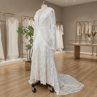 Backless Hippie Bohemian Bridal Gown with Tassel Details - Diva Melody