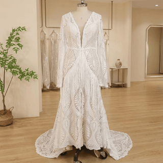 Backless Hippie Bohemian Bridal Gown with Tassel Details - Diva Melody