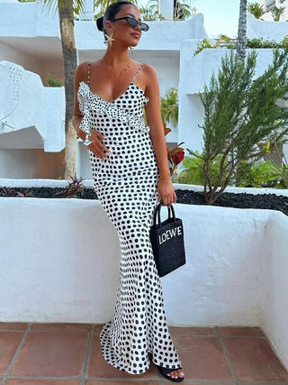 Backless Spaghetti Strap Floral Dot Maxi Dress - Diva Melody