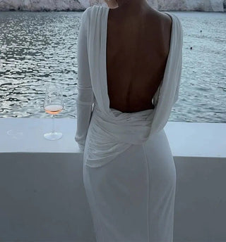 Backless White Long Sleeved Slim Fit Dress - Diva Melody