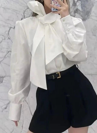 Bandage Collar White Office Work Blouse - Diva Melody