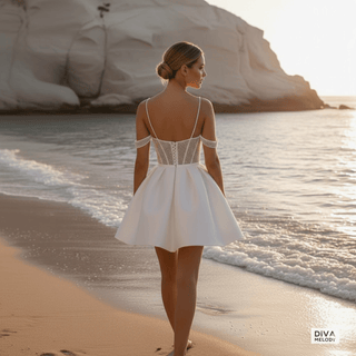 Beaded Satin Mini Wedding Dress with Pockets - Diva Melody
