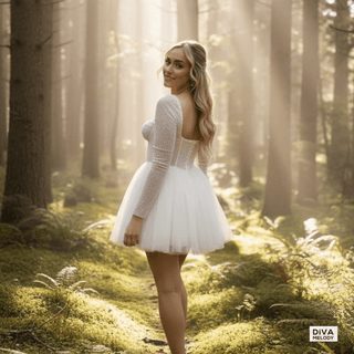Beaded Sheer Top Corset Mini Wedding Dress - Diva Melody