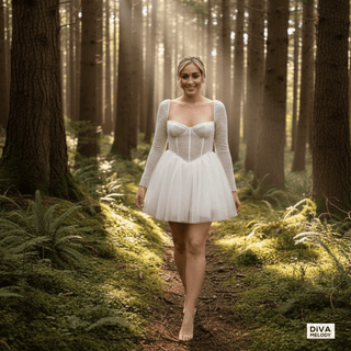 Beaded Sheer Top Corset Mini Wedding Dress - Diva Melody