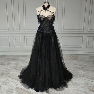 Beading Tassels Halter Black Wedding Dress - Diva Melody