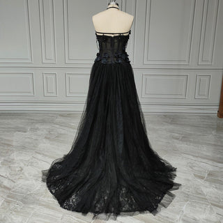 Beading Tassels Halter Black Wedding Dress - Diva Melody