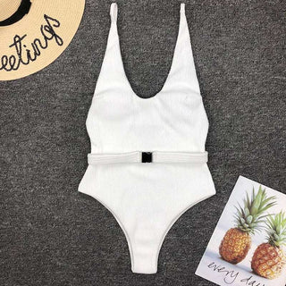 Belted One Piece White V Neck Bodysuit Swimming Suits - Diva Melody