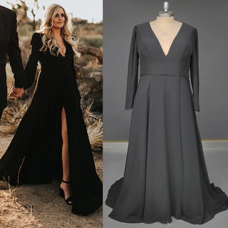 Black Chiffon Long - Sleeve Wedding Gown - Diva Melody