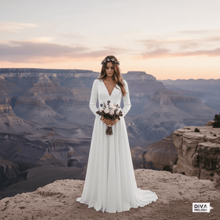 Black Chiffon Long - Sleeve Wedding Gown - Diva Melody