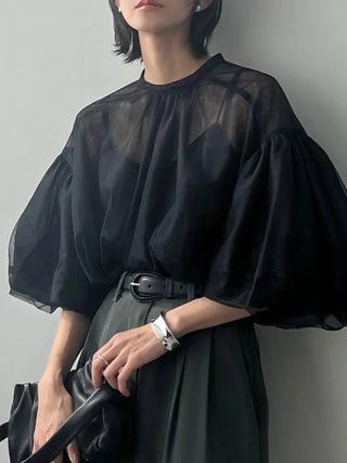 Black Chiffon Mesh Lantern Sleeve Loose Blouses - Diva Melody