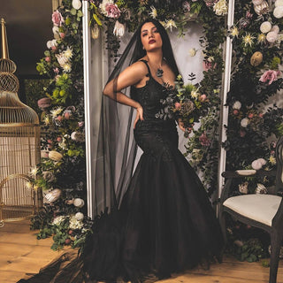 Black Fit - and - Flare Mermaid Wedding Gown - Diva Melody