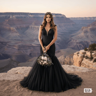 Black Fit - and - Flare Mermaid Wedding Gown - Diva Melody