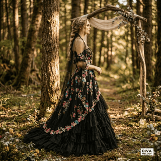 Black Floral Tulle Princess Wedding Dress - Diva Melody