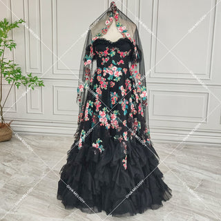 Black Floral Tulle Princess Wedding Dress - Diva Melody