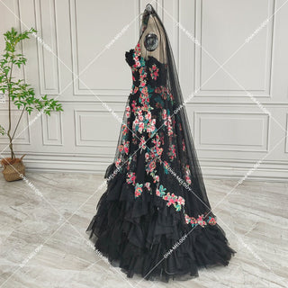 Black Floral Tulle Princess Wedding Dress - Diva Melody