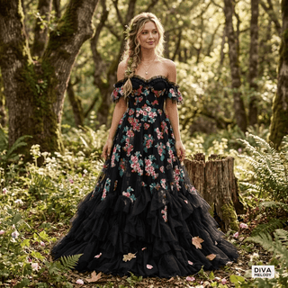Black Floral Tulle Princess Wedding Dress - Diva Melody