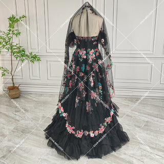 Black Floral Tulle Princess Wedding Dress - Diva Melody