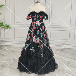 Black Floral Tulle Princess Wedding Dress - Diva Melody