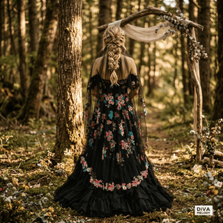Black Floral Tulle Princess Wedding Dress - Diva Melody