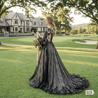 Black Lace A - line Wedding Dress - Diva Melody