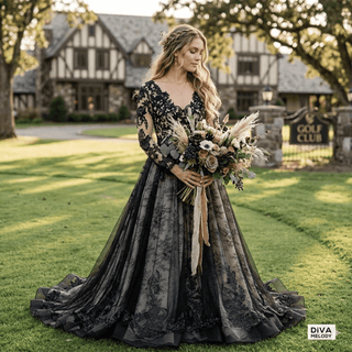 Black Lace A - line Wedding Dress - Diva Melody