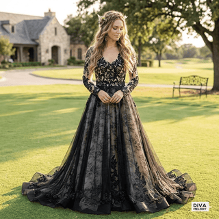 Black Lace A - line Wedding Dress - Diva Melody