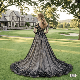 Black Lace A - line Wedding Dress - Diva Melody