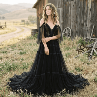 Black Lace Boho Bridal Gown - Diva Melody