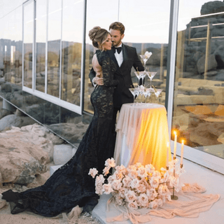 Black Lace Mermaid High Neck Wedding Dress - Diva Melody