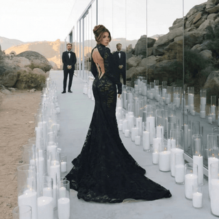 Black Lace Mermaid High Neck Wedding Dress - Diva Melody