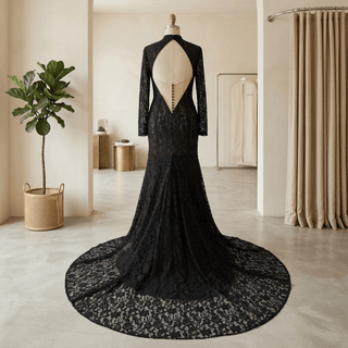 Black Lace Mermaid High Neck Wedding Dress - Diva Melody