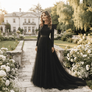 Black Long Sleeve Lace A-Line Wedding Dress - Diva Melody