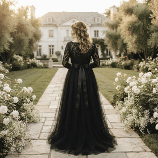 Black Long Sleeve Lace A-Line Wedding Dress - Diva Melody