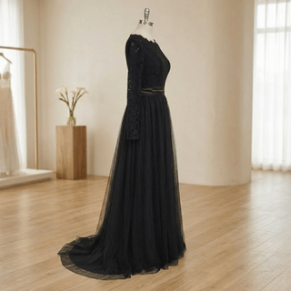 Black Long Sleeve Lace A-Line Wedding Dress - Diva Melody