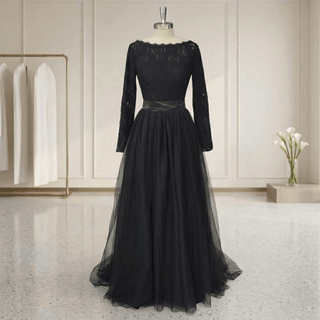 Black Long Sleeve Lace A-Line Wedding Dress - Diva Melody