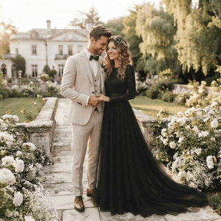 Black Long Sleeve Lace A-Line Wedding Dress - Diva Melody