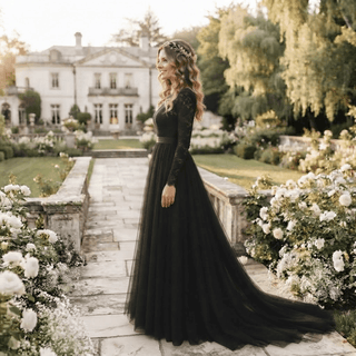 Black Long Sleeve Lace A-Line Wedding Dress - Diva Melody